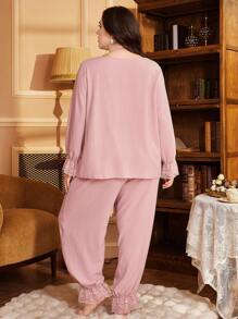 PalaceNights Conjunto de ropa de estar en casa de talla grande con encaje, parches, cuello con volantes, lazo decorativo y mangas acampanadas