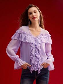 MOTF PREMIUM Blusa con volantes de encaje en contraste, Día de San Valentín