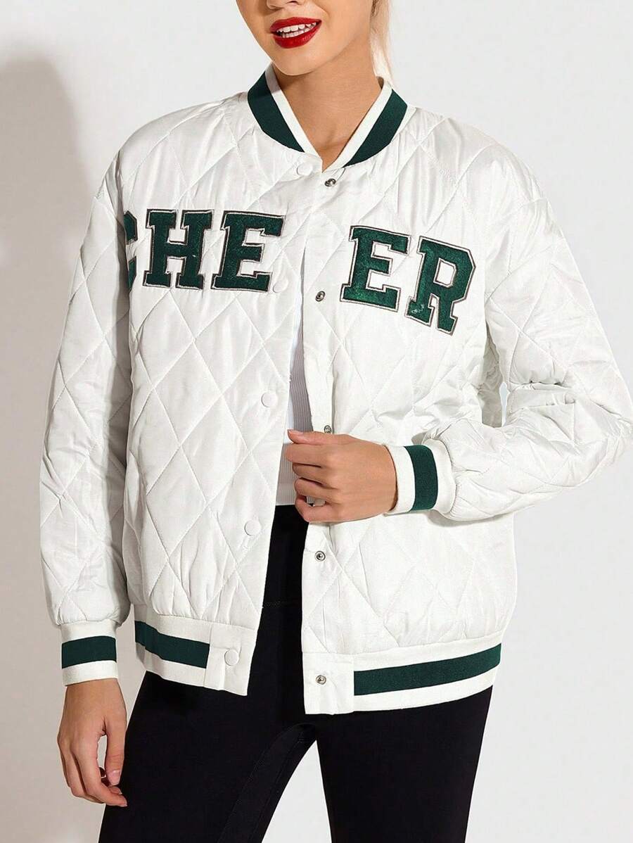 SHEIN Women's White Button-Up Front Pocket Long Sleeve Casual Sports Jacket For School & Daily Wear - White - View 1