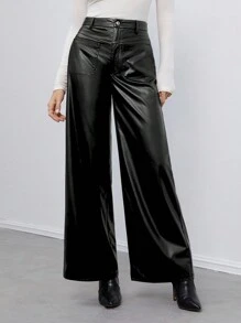 SHEIN Tall Women's Retro Leather Trousers Suitable For Autumn And Winter - Black - View 9