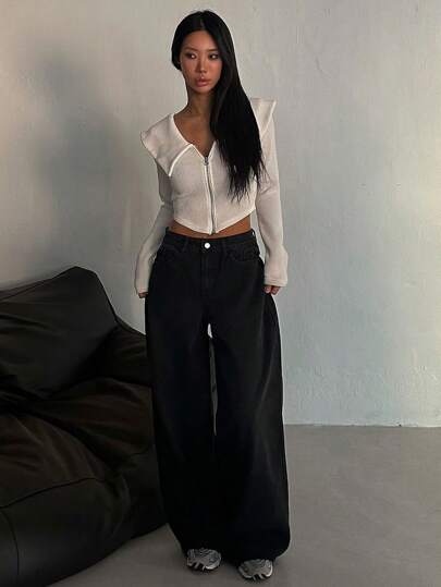 DAZY 女士纯色前扣口袋简约牛仔裤，休闲日常穿着 Y2k