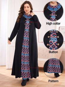 Mulvari Plus Size Women Geometric Print Mock Neck Long Sleeve Dress Maxi Women Outfit - Multicolor - View 1