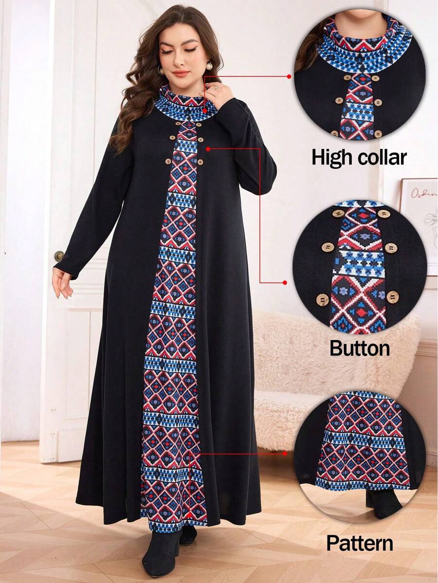 Mulvari Plus Size Women Geometric Print Mock Neck Long Sleeve Dress Maxi Women Outfit - Multicolor - View 1
