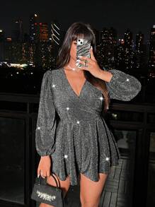 Allurite Plus Size V-Neck Long Sleeve Jumpsuit With Wide Leg - Silver - View 7