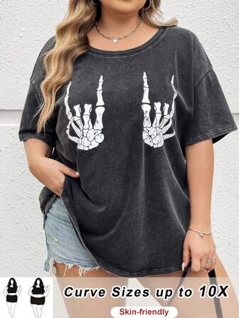 SHEIN CURVE+ T-shirt à manches courtes avec motif squelette de la main et motif dessin animé, en tissu tricoté vintage ample et doux, de style rétro, adapté aux femmes avec surpoids, pour l'automne, l'hiver, l'été, la rentrée, le campus et la rue.