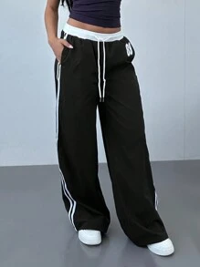 Quần ống đứng cạp thấp in họa tiết sọc phong cách thể thao dành cho nữ - màu đen - Xem 5