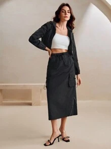 Anewsta Fashionable Sporty Casual Black Hoodie And Skirt 2pcs Suit For Women - Black - View 5