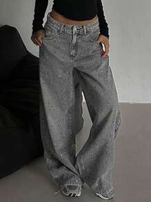 DAZY Women's Casual Rhinestone Embellished Denim Pants, Minimalist Fashion For Everyday Wear,Baggy Jeans