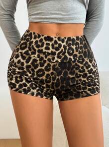 SHEIN EZwear Women Leopard Print Shirred Ankle Length Leggings For Casual Everyday Wear - Multicolor - View 4