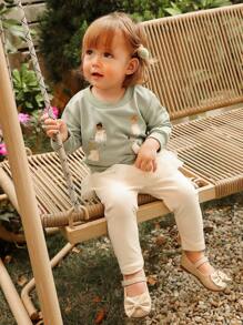 SHEIN Playful Pals 1set Baby Girls Casual Crew Neck Long Sleeve Sweatshirt And Straight Leg Pants, Fashion Outfit For Autumn - Green - View 5