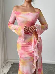 Firerie Vestido maxi elegante y romántico, único para el Día de San Valentín, con hombros descubiertos, mangas de campana, estampado de teñido anudado en degradado rosa, efecto encaje y cintura ajustada con abertura lateral, para una cita sofisticada