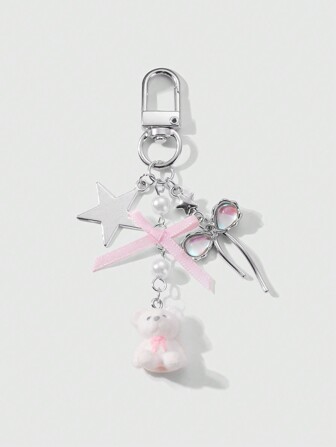 Kawaii 1 pièce Porte-clés, breloque de sac Y2K élégant et minimaliste en chaîne d'argent de haute qualité avec étoile, faux perle, strass et nœud papillon en forme d'ours en peluche. Convient pour le port quotidien des femmes et comme cadeau pour les fêtes