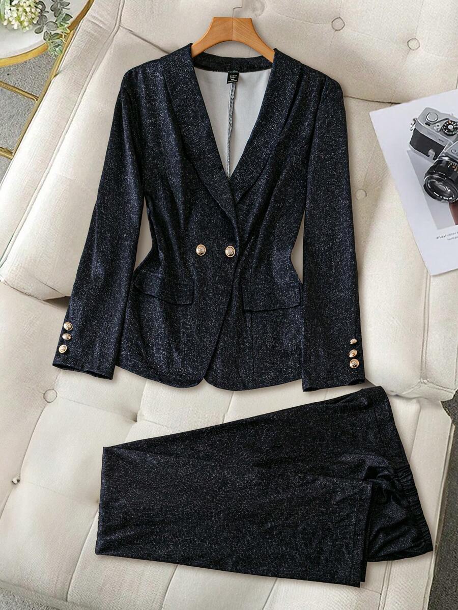 SHEIN Unity Plus Size Front Button Long Sleeve Pocket Minimalist Blouse And Pants Suit Set