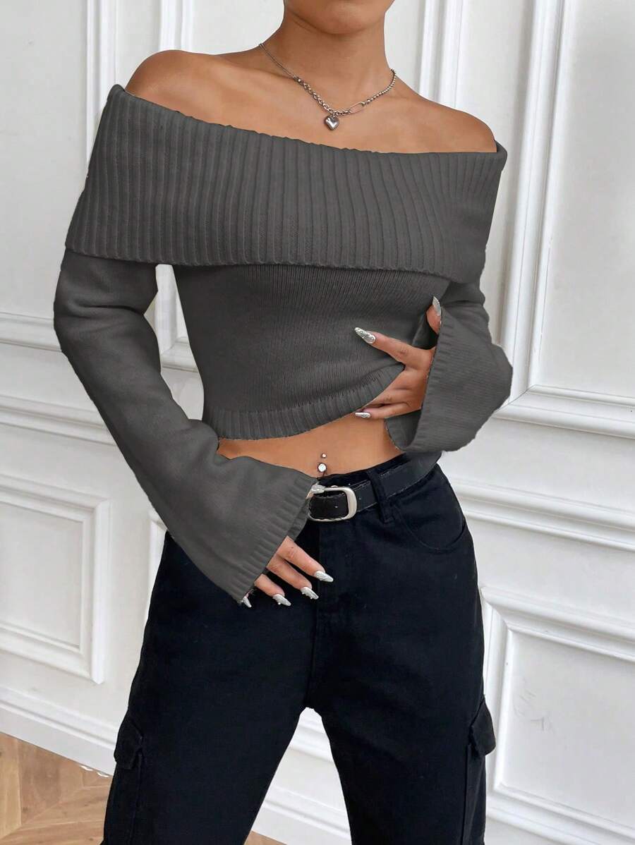 SHEIN Unity 女士纯色露肩长袖休闲套头毛衣，秋冬针织套头衫