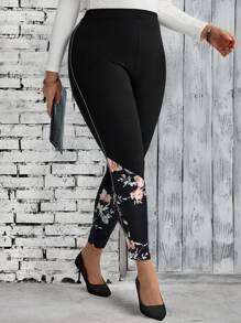 EMERY ROSE Plus Size Women Floral Print Patchwork Leggings For Autumn/Winter,Winter Clothes For Women