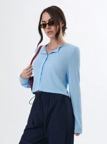 SHEIN Unity 半透明纯色纽扣圆领长袖上衣 - 藍色 - 查看 5