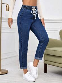 SHEIN Essnce Casual Washed Drawstring Waist Tapered Jeans Thickened Denim - Dark Wash - View 5