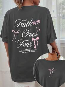 INAWLY Faith Over Fear Letter Print Women Casual Loose Fit Round Neck Short Sleeve T-Shirt Top