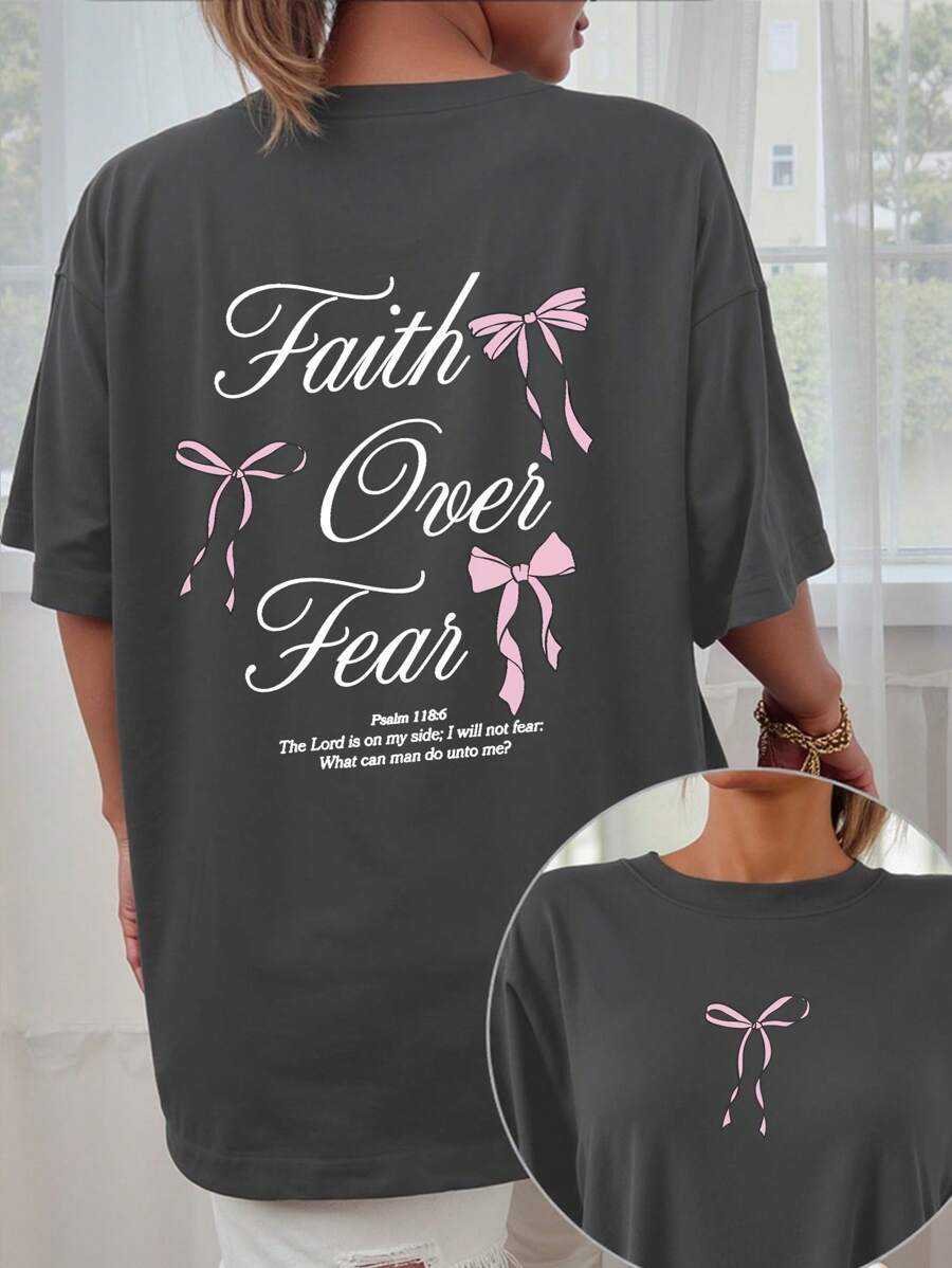 INAWLY Faith Over Fear Letter Print Women Casual Loose Fit Round Neck Short Sleeve T-Shirt Top