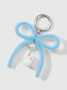 ROMWE Kawaii 2pcs Ins Style Cute & Delicate Fashion Highly Attractive Pink + Blue Flocked Twist Bow Bunny Pendant Keychain & Keyring, Combo Set Suitable For Sisters, BFFs, Couples, Friends, Daily Wear, Holiday Gift