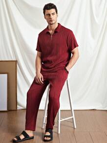 Manfinity VCAY 2pcs/Set Knitted Body-Fit Standup Collar Half-Zip Polo Shirt Set, Suitable For Summer