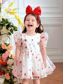SHEIN Fern Glow  Baby Girls Elegant Heart Organza Short Sleeve Dress, Suitable For Party, Outing And Other Occasions, Spring/Summer Valentine's Day - White - View 5