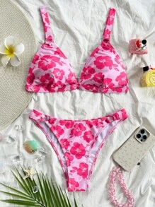 Soleia Set de 2 bikinis con cuello en V con estampado floral para mujeres, trajes de baño para mujeres, atuendos de vacaciones para mujeres, atuendos de verano para mujeres, atuendos de playa para mujeres - Multicolor - Ver 2