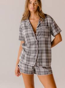Aralina Cozy Classic Plaid Flannel Short-Sleeve Scallop Short Set With Scrunchie - Multicolor - View 11