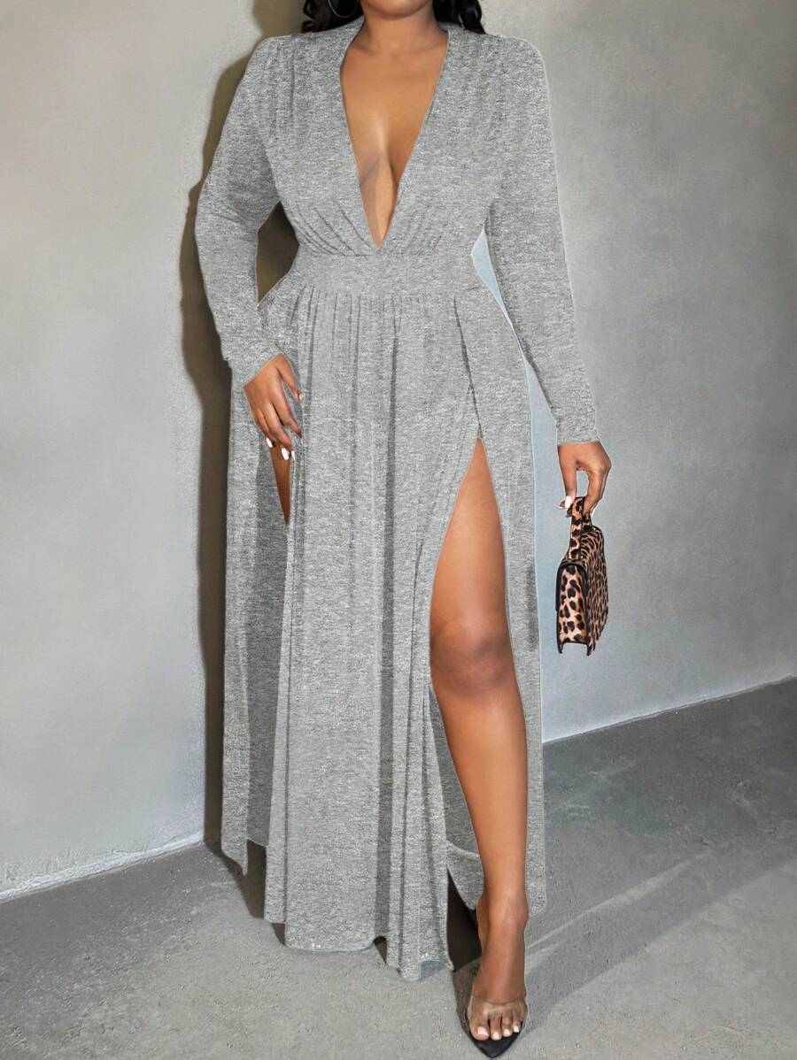 SHEIN SXY Plus Size Women's Plunging Deep-V Neck High Split Shoulder Pad Dress, Suitable For Date Night, Birthday, Bachelorette Party Outfit, Casual, Shopping, Going Out, Vacation, Beach, Easy To Match&Looks Slim, Flatter The Figure - Light Grey - View 1