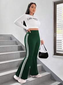 SHEIN EZwear Spodnie damskie w jednolitym kolorze, patchworkowe, rozszerzane, w dużych rozmiarach, swobodne, do noszenia na co dzień, latem
