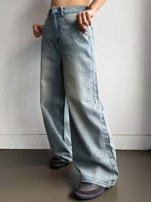 DAZY 女士时尚水洗水钻缀饰阔腿牛仔裤 - 中等水洗藍 - 查看 2