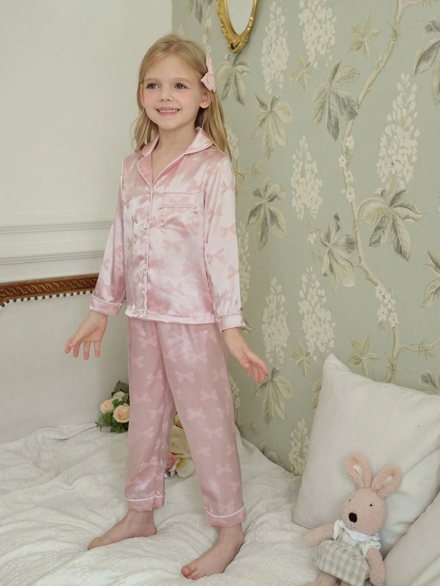 女孩可爱蝴蝶结提花面料粉色和白色蕾丝花边休闲可爱长袖上衣和裤子口袋家居服套装，秋冬 - 粉色 - 查看 1