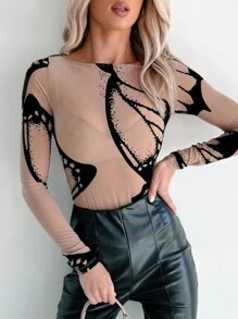 INAWLY Fitted Long Sleeve T-Shirt, Butterfly Net Mesh Texture, For Spring - Dusty Pink - View 1