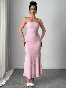 Firerie 节日新款优雅浪漫粉色植绒花卉吊带背心褶饰美人鱼长裙 - 粉色 - 查看 3