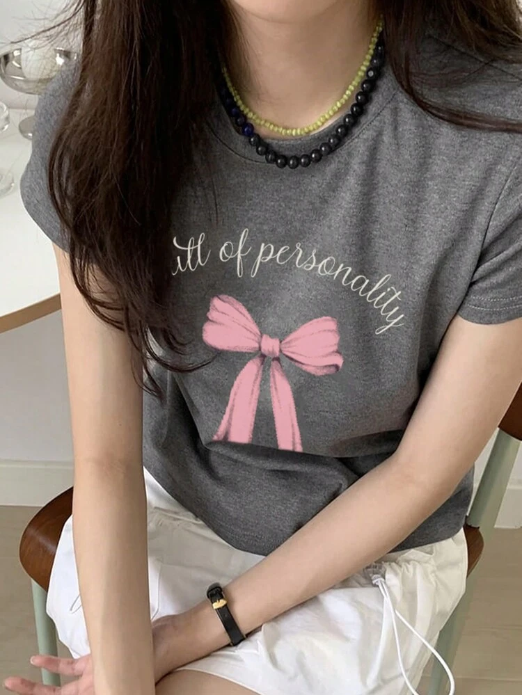여성용 리본 & 레터 프린트 슬림핏 라운드 넥 반팔 티셔츠, 회색, 봄/여름 그래픽 티셔츠 여성용 귀여운 탑스
