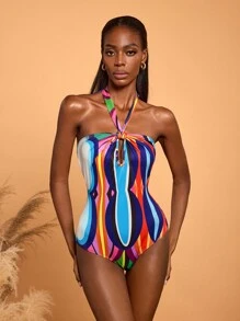 Abeille Creations Designer Boho Bohemian Women's Multicolor Abstract Art Print Halter Neck Lace-Up Vacation Bodysuit, For Going Out, Spring, Beach, Festival, Ibiza Fits