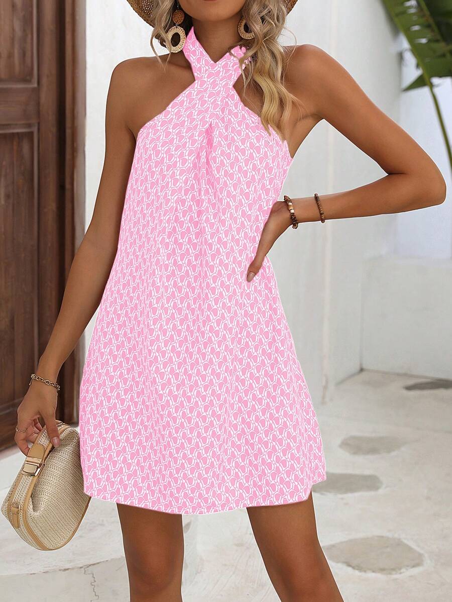 Breezaya 全身印花挂脖露背连衣裙 女式度假海滩装 - 粉色 - 查看 1