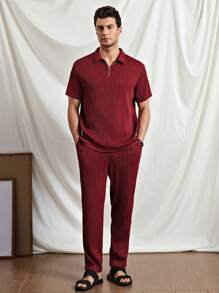 Manfinity VCAY 2pcs/Set Knitted Body-Fit Standup Collar Half-Zip Polo Shirt Set, Suitable For Summer