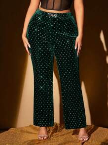 SHEIN SXY 大码女式天鹅绒闪亮俱乐部派对长裤 - 墨綠色 - 查看 3