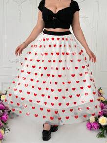 Sunnyshic Falda larga elegante de malla con diseño de corazón para tallas grandes para el Día de San Valentín
