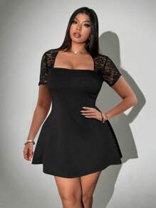 Viva Relle Plus Size Lace Patchwork Short Sleeve Square Neck Minimalist Short Dress - Black - View 6