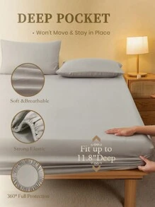 2/3pcS Solid Color Light Grey Fitted Sheet Set (1Pc Fitted Sheet+2pcs Pillowcases), Mattress Protector, Mattress Cover For Bed, Bed Sheet Set, Soft And Breathable, For All Size Bed -Twin, Full, King, Queen Size Sheet Deep Pocket Up To 11.8 Inch Home Textile - Light Grey - View 8
