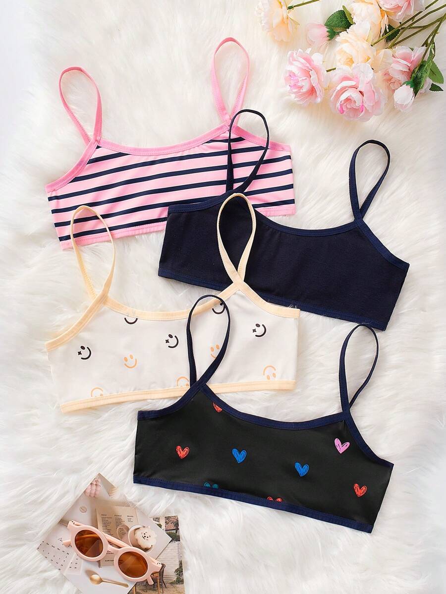 SHEIN 4pcs/Set Tween Girls Striped & Heart Pattern Comfort Breathable Cute Casual Childrenswear Underwear Sets