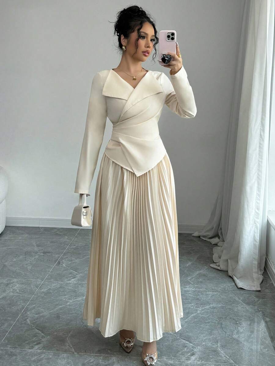 Elenzga 2 件套女士纯色长袖简约上衣和褶皱 A 字裙 - 杏色 - 查看 1