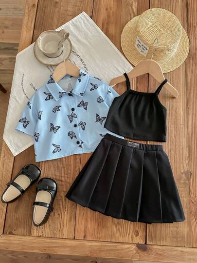 SHEIN Leap Crew 女婴夏季可爱蝴蝶印花衬衫、吊带背心和针织裙 3 件套春季服装套装、度假装
