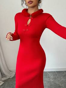 SHEIN Unity 女士优雅针织裹身红色连衣裙，纯色中国风长袖毛衣连衣裙，冬季新年 - 紅色 - 查看 8