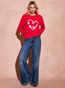 Poéselle Women's Letter & Heart Pattern Round Neck Long Sleeve Casual Sweater, Red Women Sweater Valentine's Day Outfits Autumn/Winter