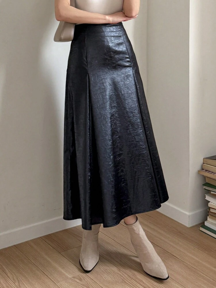 Women's Satin Textured Long Pleated A-Line Skirt Leather Skirt