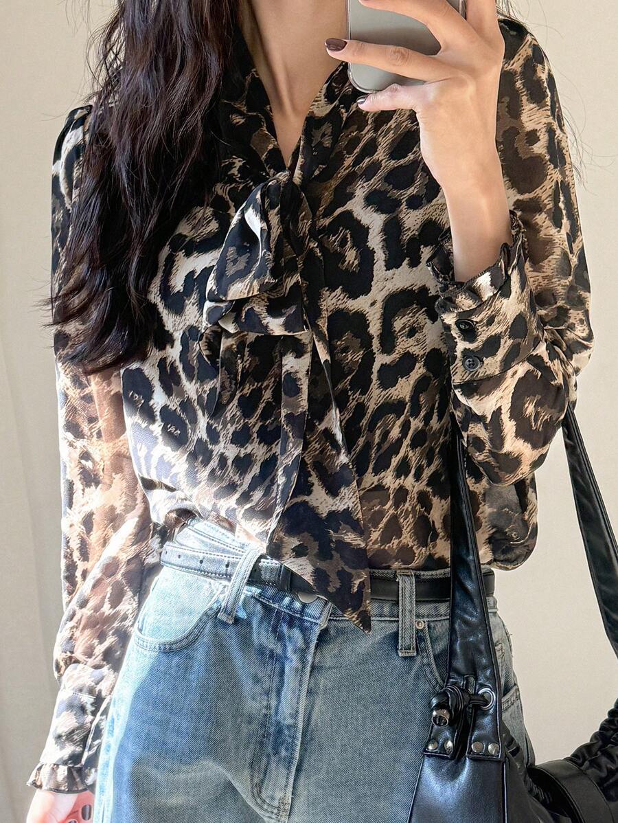 DAZY Women's Fashionable Leopard Print Mesh Ruffled Collar Blouse, Autumn Cheetah Print Long Sleeve Top