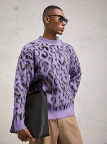 AKNOTIC Business Casual Herren lässiger, weiter Leoparden-Muster Rundhals-Pullover mit Langarm, für Herbst und Winter